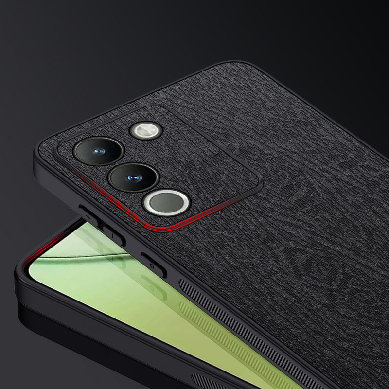 For vivo Y200 (India) 5G Cell Phone Case Wood Grain PU+PC+TPU Drop Resistant Cover - Black For vivo Y200 (India) 5G Cell Phone Case Wood Grain PU+PC+TPU Drop Resistant Cover - Black